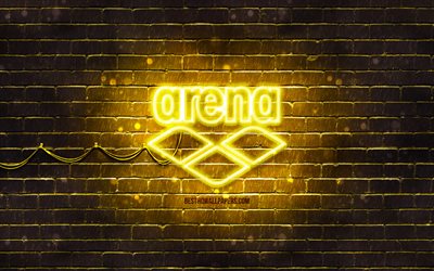 Arena yellow logo, 4k, yellow brickwall, Arena logo, brands, Arena neon logo, Arena