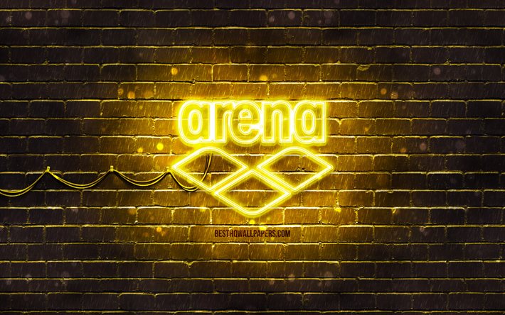 arena gelbes logo, 4k, gelbe ziegelmauer, arena-logo, marken, arena-neon-logo, arena