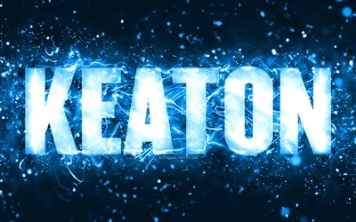 Joyeux anniversaire Keaton, 4k, n&#233;ons bleus, nom Keaton, cr&#233;atif, joyeux anniversaire Keaton, anniversaire Keaton, noms masculins am&#233;ricains populaires, photo avec le nom Keaton, Keaton