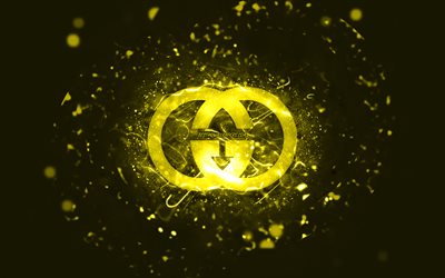 Logotipo amarelo Gucci, 4k, luzes de n&#233;on amarelas, criativo, fundo abstrato amarelo, logotipo Gucci, marcas, Gucci