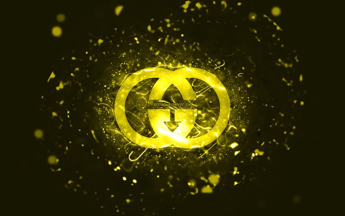 Gucci yellow logo, 4k, yellow neon lights, creative, yellow abstract background, Gucci logo, brands, Gucci