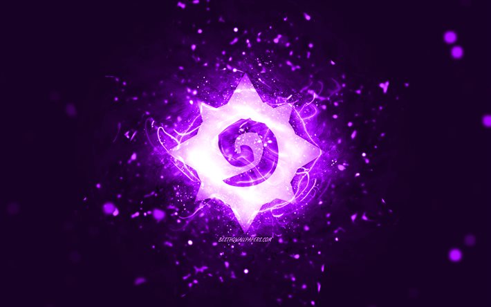 Hearthstone violet logo, 4k, violet neon lights, creative, violet abstract background, Hearthstone logo, online games, Hearthstone