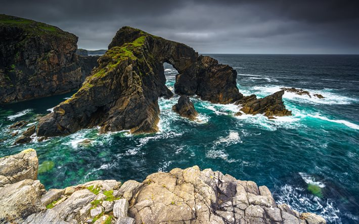 roccia nel mare, arco di roccia, tempesta, baia, Irlanda, onde, oceano, paesaggio marino