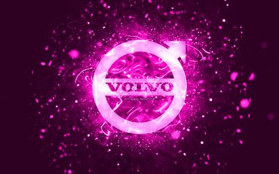 Volvo purple logo, 4k, purple neon lights, creative, purple abstract background, Volvo logo, cars brands, Volvo