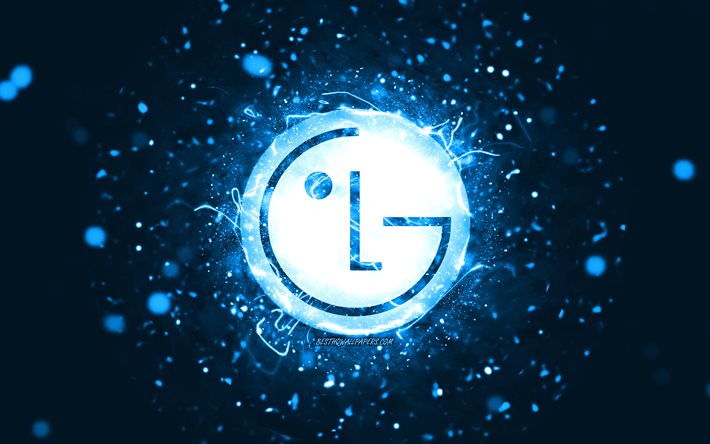 LG bl&#229; logotyp, 4k, bl&#229; neonljus, kreativ, bl&#229; abstrakt bakgrund, LG logotyp, varum&#228;rken, LG