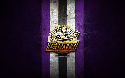 glasgow-clan, goldenes logo, elite league, violetter metallhintergrund, englisches hockeyteam, glasgow-clan-logo, hockey