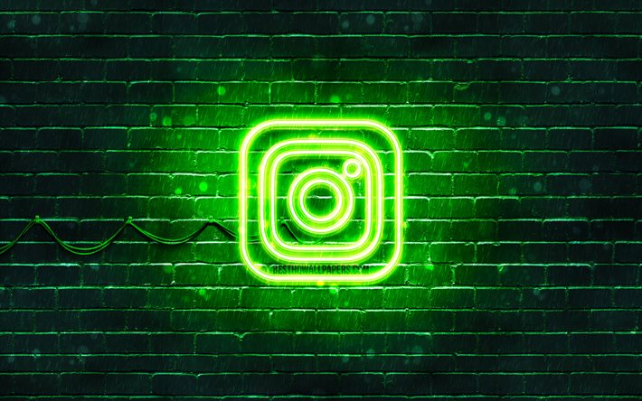 Logo vert Instagram, mur de briques vert, 4k, nouveau logo Instagram, r&#233;seaux sociaux, logo n&#233;on Instagram, logo Instagram, Instagram