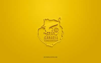 CB Gran Canaria, logotipo 3D criativo, fundo amarelo, time espanhol de basquete, Liga ACB, Las Palmas, Espanha, arte 3D, basquete, logotipo 3D CB Gran Canaria