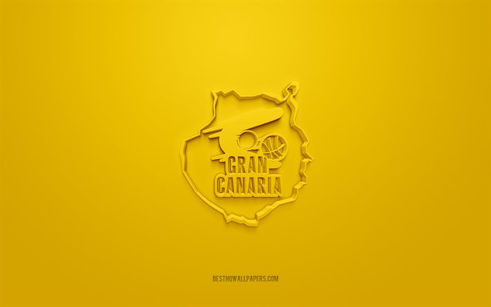 CB Gran Canaria, logo 3D creativo, sfondo giallo, squadra di basket spagnola, Liga ACB, Las Palmas, Spagna, arte 3d, basket, logo 3d CB Gran Canaria