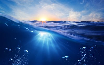 sous l&#39;eau, oc&#233;an, soir&#233;e, coucher de soleil, monde sous-marin, beau coucher de soleil, sous l&#39;eau au dessus de l&#39;eau
