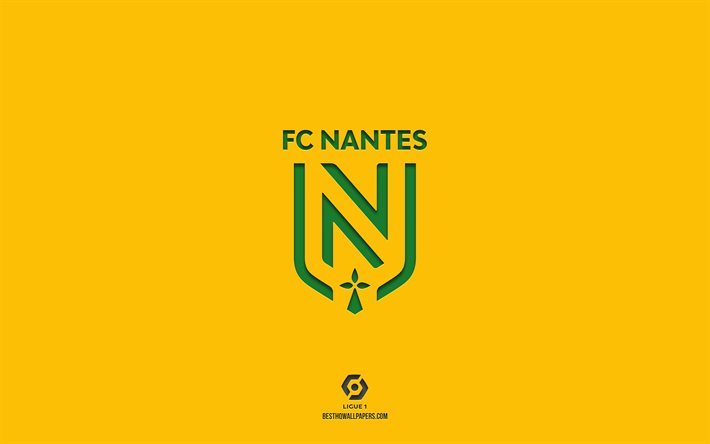 FC Nantes, fond jaune, &#233;quipe de France de football, embl&#232;me FC Nantes, Ligue 1, Nantes, France, football, logo FC Nantes