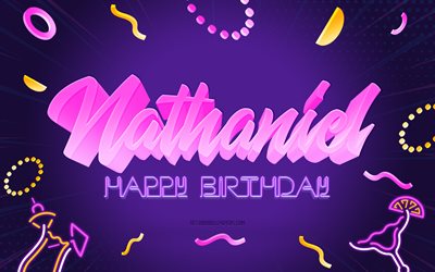 Buon compleanno Nathaniel, 4k, sfondo festa viola, Nathaniel, arte creativa, buon compleanno Nathaniel, nome Nathaniel, compleanno Nathaniel, sfondo festa di compleanno