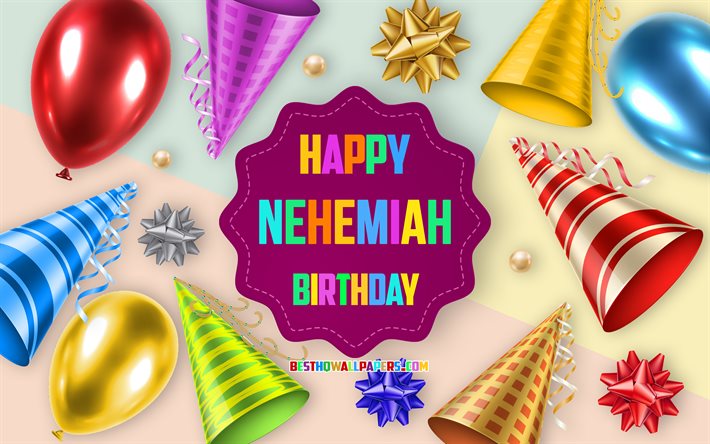 Happy Birthday Nehemiah, 4k, Birthday Balloon Background, Nehemiah, creative art, Happy Nehemiah birthday, silk bows, Nehemiah Birthday, Birthday Party Background