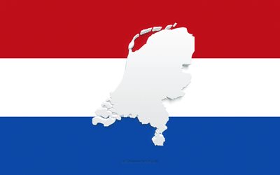 Silhouette de carte des Pays-Bas, drapeau des Pays-Bas, silhouette sur le drapeau, Pays-Bas, silhouette de carte des Pays-Bas 3d, carte des Pays-Bas 3d