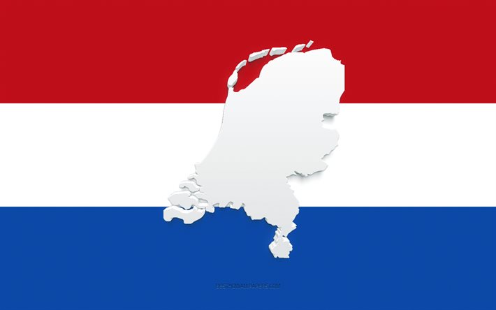 Silhouette de carte des Pays-Bas, drapeau des Pays-Bas, silhouette sur le drapeau, Pays-Bas, silhouette de carte des Pays-Bas 3d, carte des Pays-Bas 3d