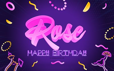 誕生日おめでとう, 4k, 紫のパーティーの背景, 薔薇, クリエイティブアート, ローズの誕生日おめでとう, バラの名前, バラの誕生日, 誕生日パーティーの背景