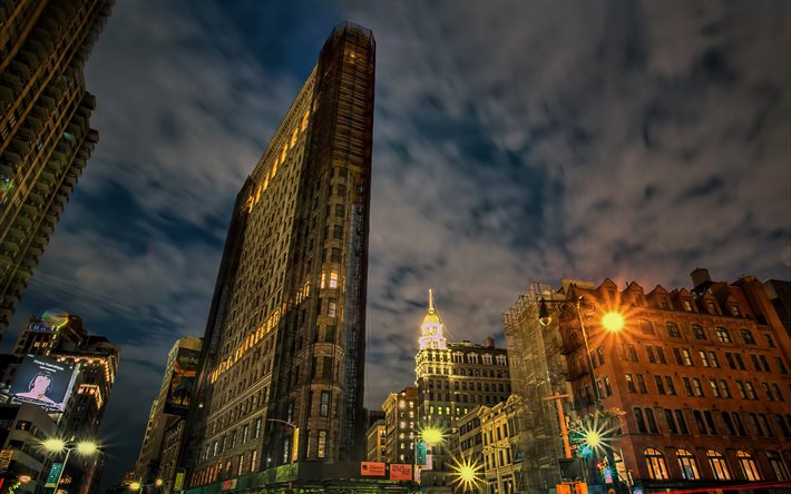 Flat Iron Building, New York City, arranha-c&#233;u, Manhattan, noite, New York, p&#244;r do sol, Edif&#237;cios de New York, EUA