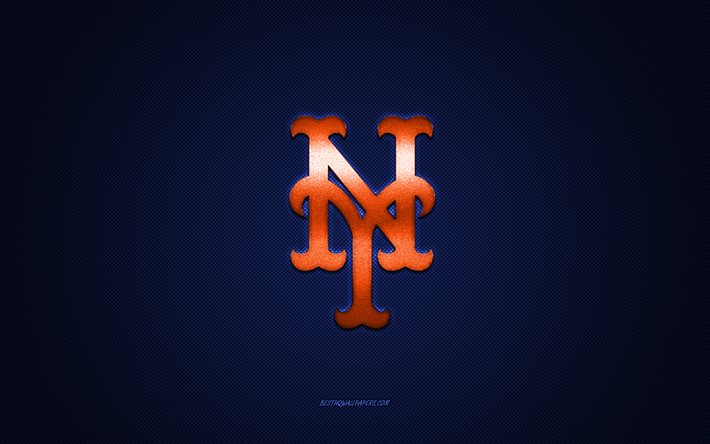 New York Mets -tunnus, amerikkalainen baseballseura, oranssi logo, sininen hiilikuitu tausta, MLB, New York Mets Insignia, baseball, New York, USA, New York Mets