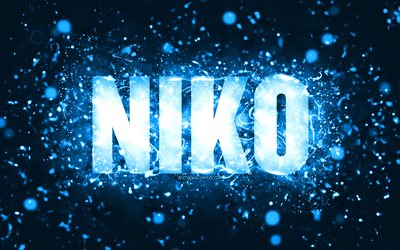 Happy Birthday Niko, 4k, blue neon lights, Niko name, creative, Niko Happy Birthday, Niko Birthday, popular american male names, picture with Niko name, Niko