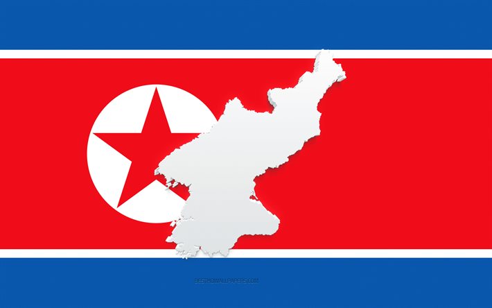 Pohjois-Korean karttasiluetti, Pohjois-Korean lippu, lipun siluetti, Pohjois-Korea, 3d Pohjois-Korean karttasiluetti, Pohjois-Korean 3d kartta