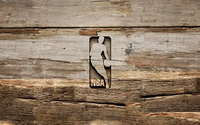 Logotipo de madeira da NBA, 4K, planos de fundo de madeira, National Basketball Association, logotipo da NBA, criativo, escultura em madeira, NBA