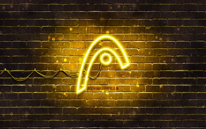 Testa logo giallo, 4k, muro di mattoni giallo, logo testa, marchi, logo testa neon, testa