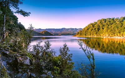 Lac Waikaremoana, soirée, coucher de soleil, beau lac, paysage de montagne, montagnes, lacs, Nouvelle-Zélande