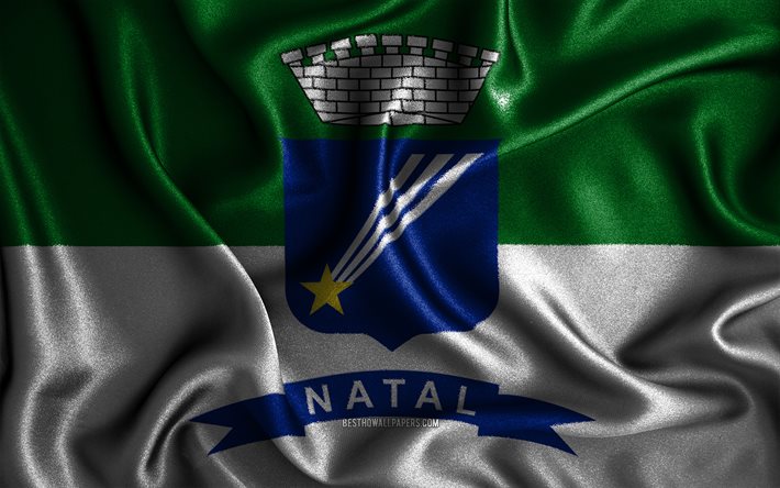 Bandeira de Natal, 4k, bandeiras onduladas de seda, cidades brasileiras, Dia de Natal, bandeiras de tecido, arte 3D, Natal, cidades do Brasil, Bandeira 3D de Natal