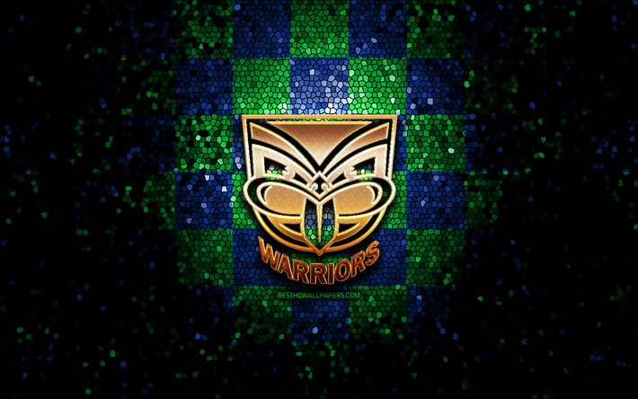 Yeni Zelanda Warriors, parıltılı logo, NRL, yeşil mavi kareli arka plan, rugby, Avustralya rugby kul&#252;b&#252;, Yeni Zelanda Warriors logosu, mozaik sanatı, Ulusal Rugby Ligi