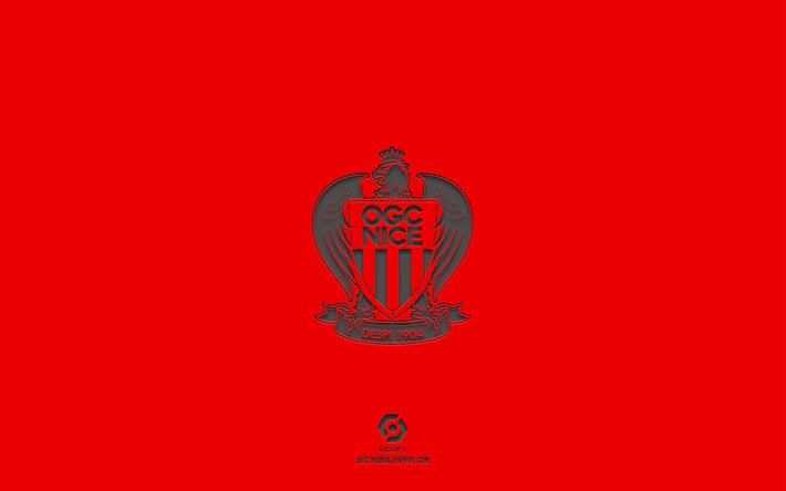 OGC Nice, punainen tausta, Ranskan jalkapallojoukkue, OGC Nice -tunnus, Ligue 1, Nizza, Ranska, jalkapallo, OGC Nice -logo