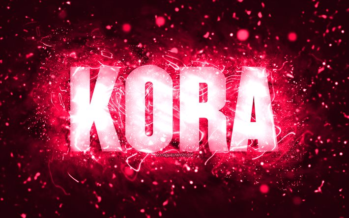 Download wallpapers Happy Birthday Kora, 4k, pink neon lights, Kora ...
