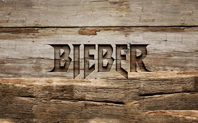 Justin Bieber wooden logo, 4K, wooden backgrounds, music stars, Justin Bieber logo, Justin Drew Bieber, creative, wood carving, Justin Bieber