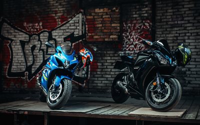 Suzuki GSX-R1000, Honda CBR1000RR, exterior, side view, racing bikes, black CBR1000RR, blue GSX-R1000, Japanese sportbikes, Suzuki