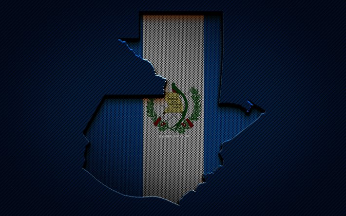 Carte du Guatemala, 4k, pays d&#39;Am&#233;rique du Nord, drapeau guat&#233;malt&#232;que, fond bleu carbone, silhouette de la carte du Guatemala, drapeau du Guatemala, Am&#233;rique du Nord, carte du Guatemala, Guatemala