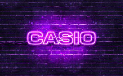 Casio menekşe logosu, 4k, menekşe tuğla duvar, Casio logosu, markalar, Casio neon logosu, Casio