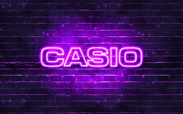 Casio violetti logo, 4k, violetti tiiliseinä, Casio logo, tuotemerkit, Casio neon logo, Casio
