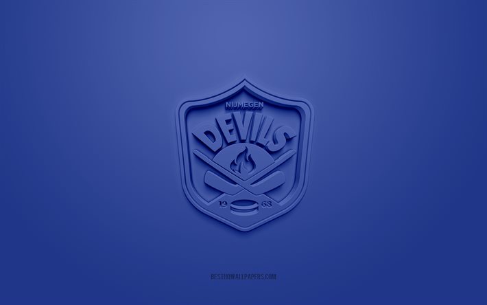 Nijmegen Devils, luova 3D-logo, sininen tausta, BeNe League, 3d-tunnus, Dutch Hockey Club, Alankomaat, 3d-taide, j&#228;&#228;kiekko, Nijmegen Devilsin 3d-logo