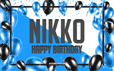 Feliz anivers&#225;rio Nikko, fundo de bal&#245;es de anivers&#225;rio, Nikko, pap&#233;is de parede com nomes, Nikko feliz anivers&#225;rio, fundo de bal&#245;es azuis, Nikko anivers&#225;rio