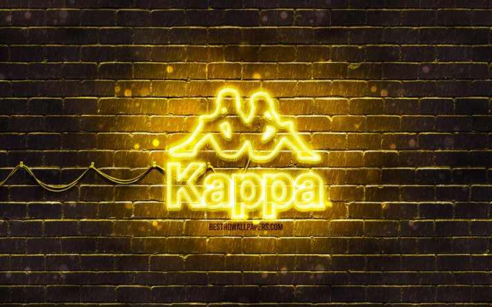 Logotipo Kappa amarelo, 4k, parede de tijolos amarela, logotipo Kappa, marcas, logotipo Kappa neon, Kappa