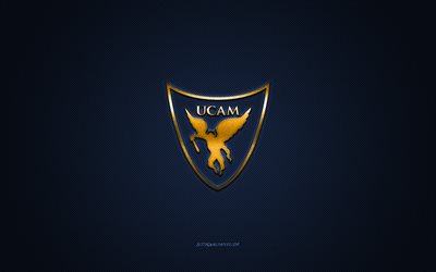 UCAM Murcia CB, Spanish basketball club, yellow logo, blue carbon fiber background, Liga ACB, basketball, Murcia, Spain, UCAM Murcia CB logo