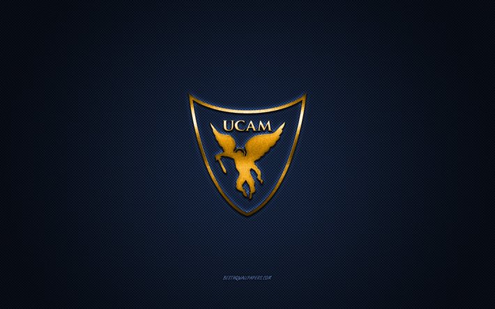 UCAM Murcia CB, clube de basquete espanhol, logotipo amarelo, fundo azul de fibra de carbono, Liga ACB, basquete, Murcia, Espanha, logotipo UCAM Murcia CB