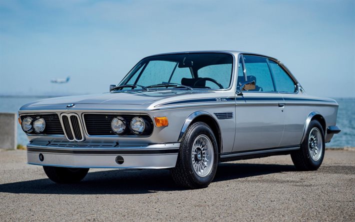 BMW New Six, 1977, veteranbilar, BMW E3, silver coupe, silver BMW E3, BMW 3 CS, tyska bilar, BMW