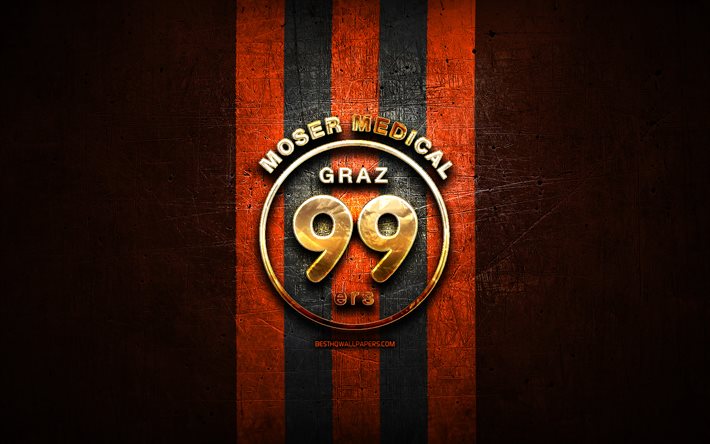 Graz 99ers, logotipo dourado, ICE Hockey League, fundo de metal laranja, time austr&#237;aco de h&#243;quei, logotipo Graz 99ers, h&#243;quei, EC Graz 99ers