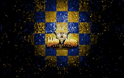 Fort Wayne Mad Ants, logotipo com glitter, NBA G League, fundo xadrez amarelo azul, basquete, time americano de basquete, logotipo do Fort Wayne Mad Ants, arte em mosaico