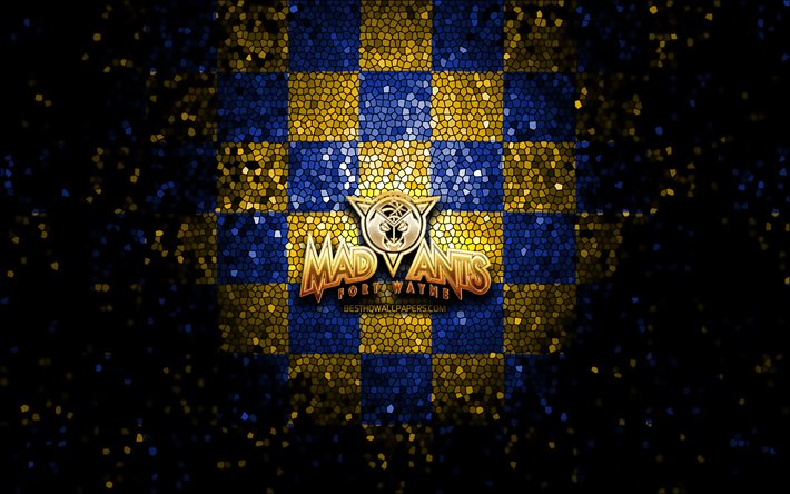 Fort Wayne Mad Ants, logo de paillettes, NBA G League, fond damier jaune bleu, basket-ball, &#233;quipe am&#233;ricaine de basket-ball, logo Fort Wayne Mad Ants, art de la mosa&#239;que