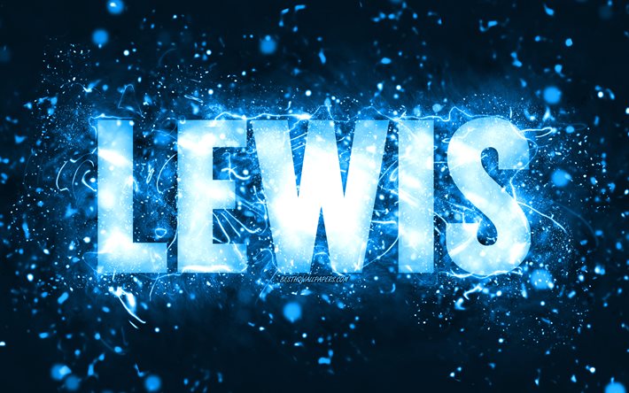Feliz Anivers&#225;rio Lewis, 4k, luzes de n&#233;on azuis, nome Lewis, criativo, Lewis Feliz Anivers&#225;rio, Lewis Birthday, nomes masculinos americanos populares, foto com o nome Lewis, Lewis
