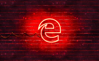 Logotipo vermelho do Microsoft Edge, 4k, parede de tijolos vermelhos, logotipo do Microsoft Edge, marcas, logotipo de n&#233;on do Microsoft Edge, Microsoft Edge
