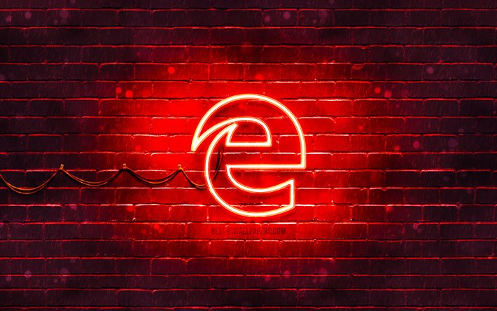 MicrosoftEdgeの赤いロゴ, 4k, 赤レンガの壁, Microsoft Edge, お, MicrosoftEdgeネオンロゴ