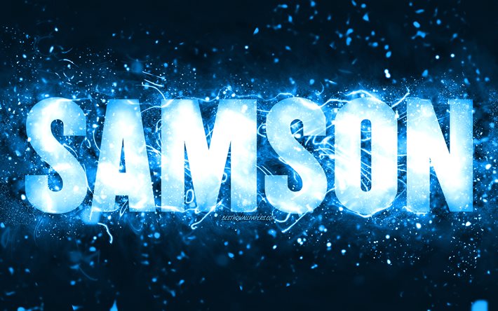 お誕生日おめでとうサムソン, 4k, 青いネオンライト, サムソンの名前, creative クリエイティブ, サムソンお誕生日おめでとう, サムソンの誕生日, 人気のあるアメリカ人男性の名前, サムソンの名前の写真, サムソン