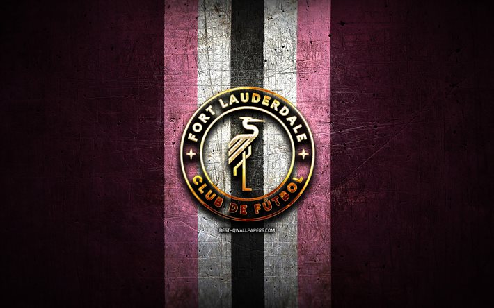 Fort Lauderdale FC, golden logo, USL League One, pink metal background, american soccer club, Fort Lauderdale CF logo, soccer, Fort Lauderdale CF